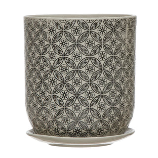Hand-Stamped Pot and Saucer with Embossed Pattern
