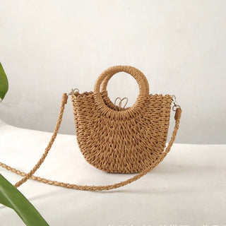 Single Shoulder Crossbody Rattan Woven Straw Bag: Medium / Brown