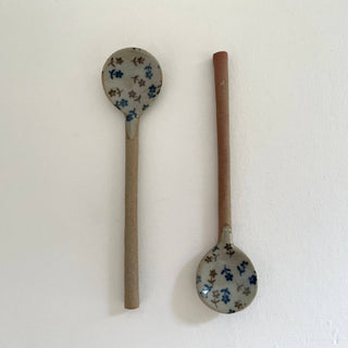 Neutral small handmade pottery spoon - flowered