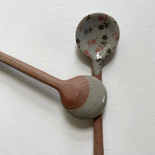 Neutral small handmade pottery spoon - flowered