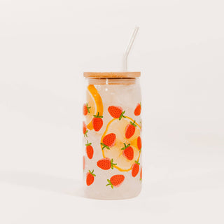 Strawberry 17 oz Can Glass w/ Straw and Lid