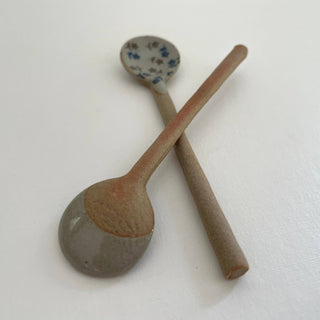 Neutral small handmade pottery spoon - flowered