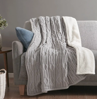 Grey Knitted Sherpa Throw Blanket
